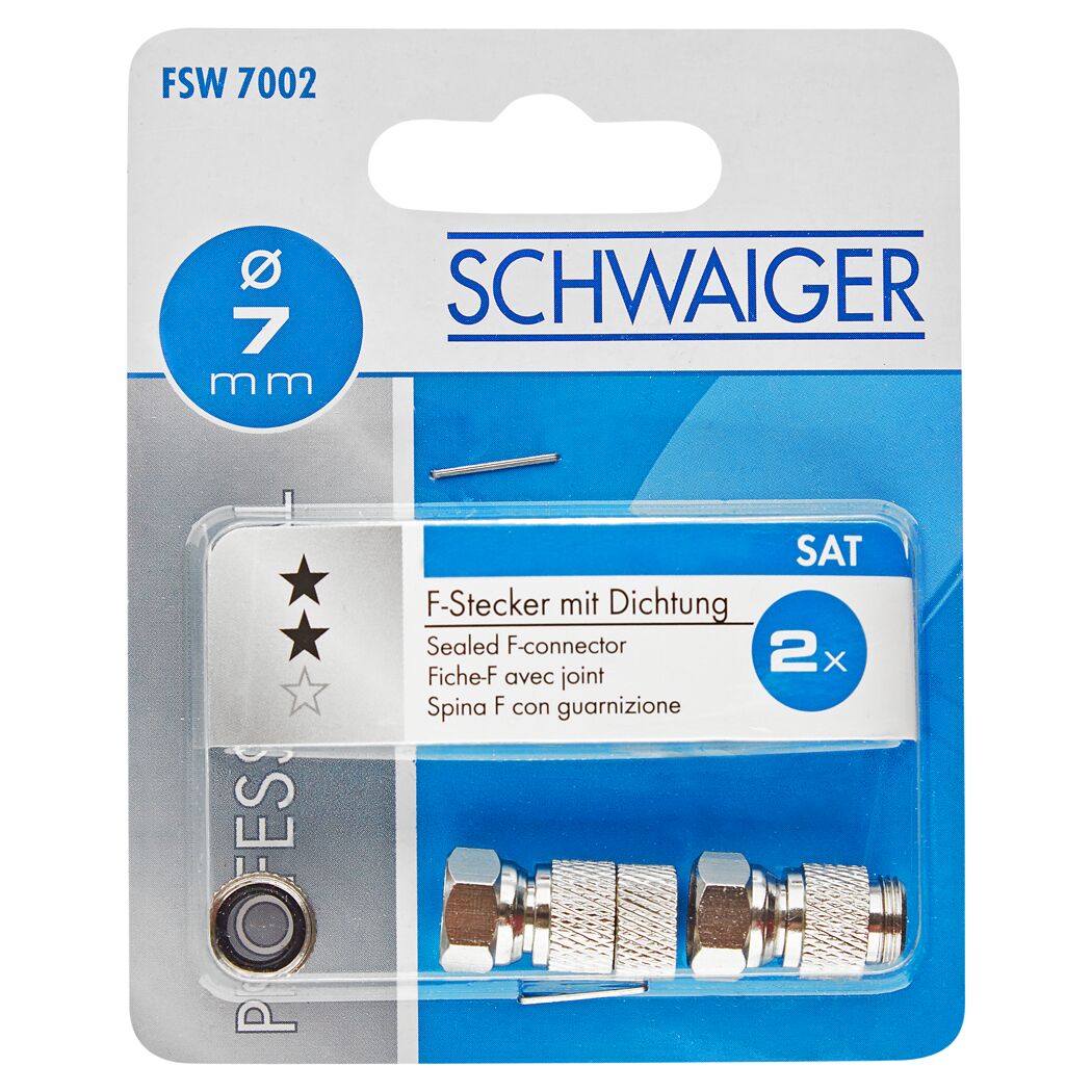 Zwei F-Aufdrehstecker mit Wetterschutz in Verpackung