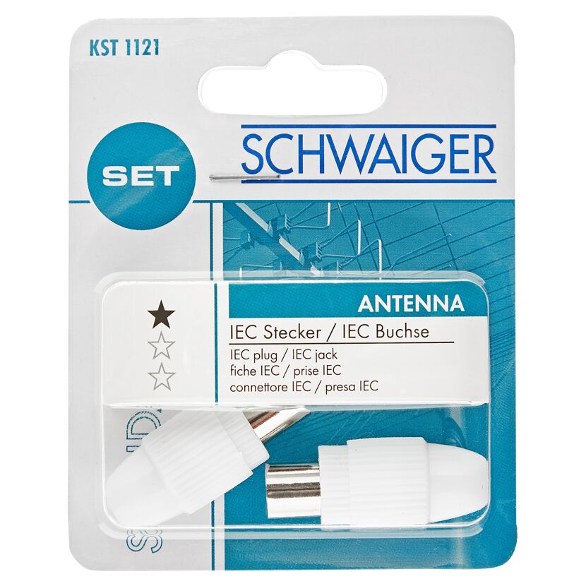 Zwei weiße Antennenstecker in einer Verpackung.