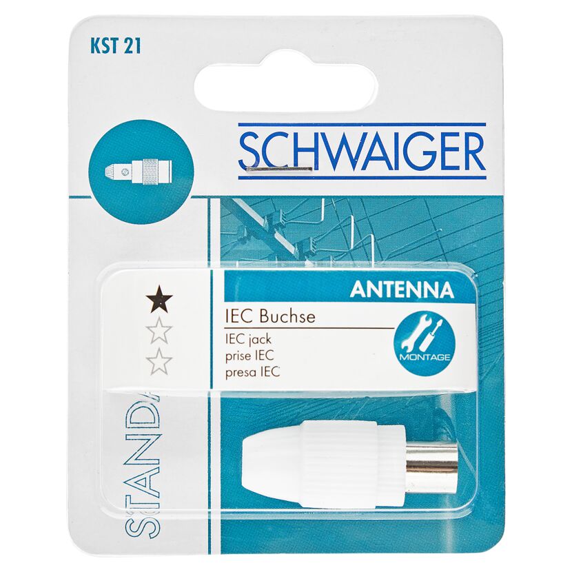 Weiße IEC-Buchse von Schwaiger in Verpackung