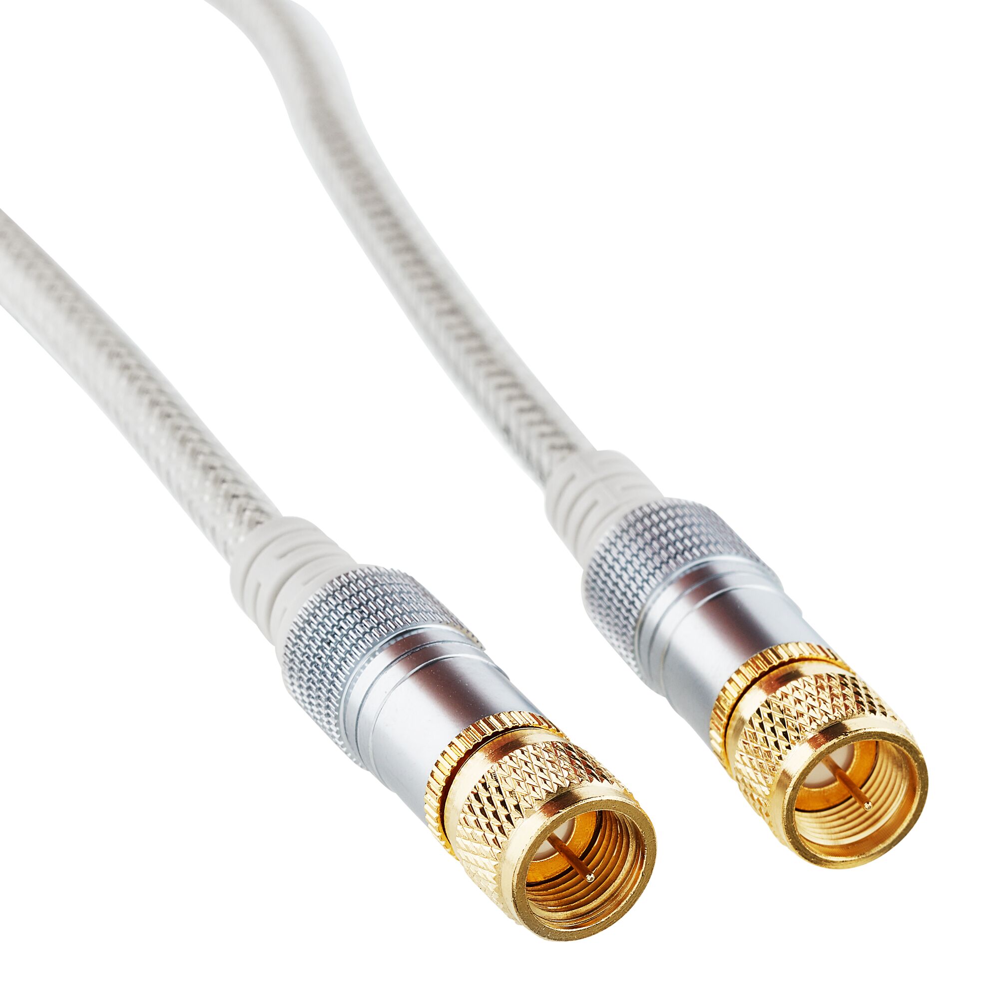 Zwei weiße SAT-Anschlusskabel mit goldenen Anschlüssen