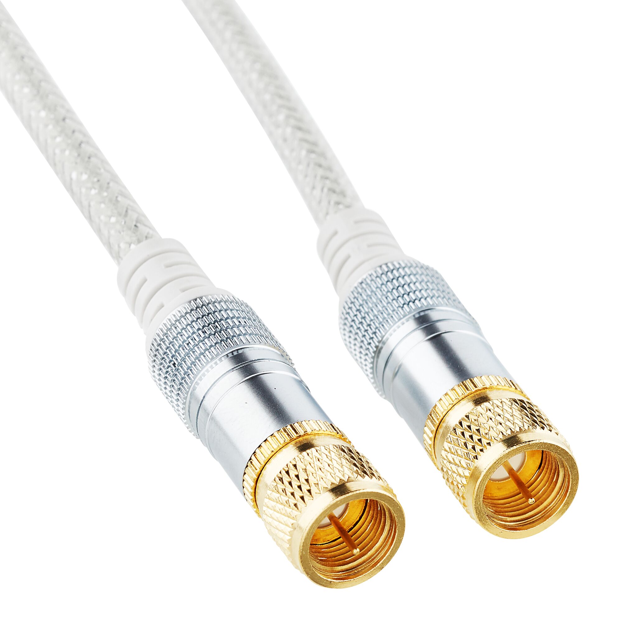 Weißes SAT-Anschlusskabel mit goldenen Anschlüssen
