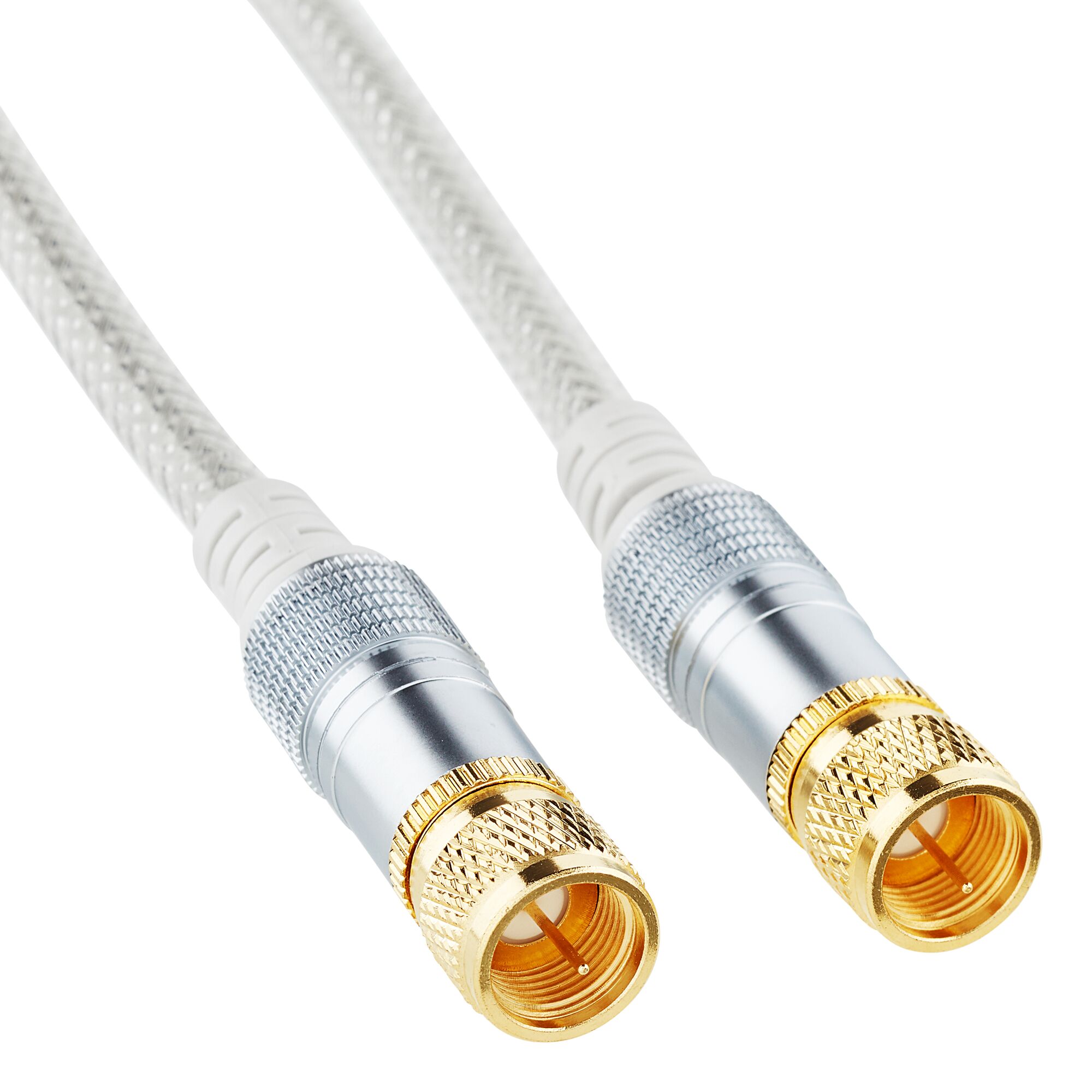 Weißes SAT-Anschlusskabel mit goldenen Anschlüssen