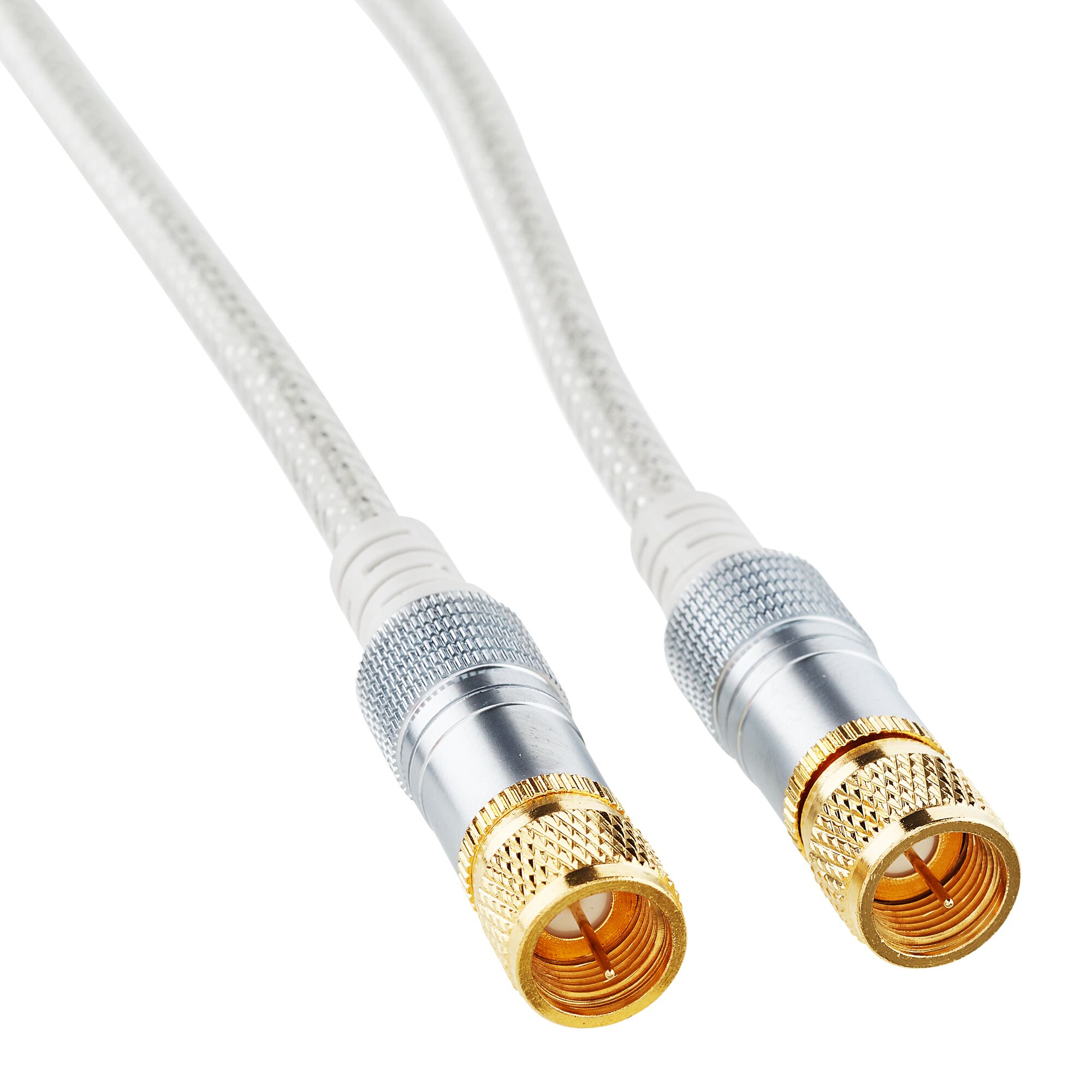 Weißes SAT-Anschlusskabel mit zwei goldenen Steckern