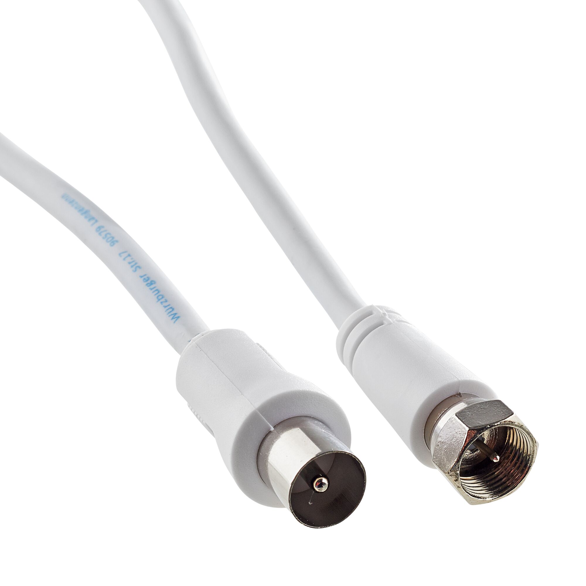 Weißes SAT-Anschlusskabel mit Metallsteckern