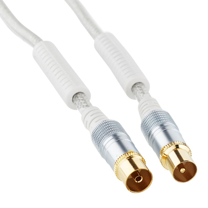 Weißes Antennenkabel mit zwei goldenen Anschlüssen