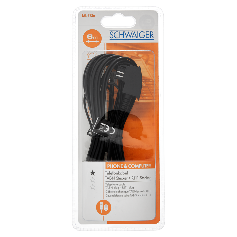 Schwarzes Telefonkabel TAE-N RJ11, 6 m, in Verpackung