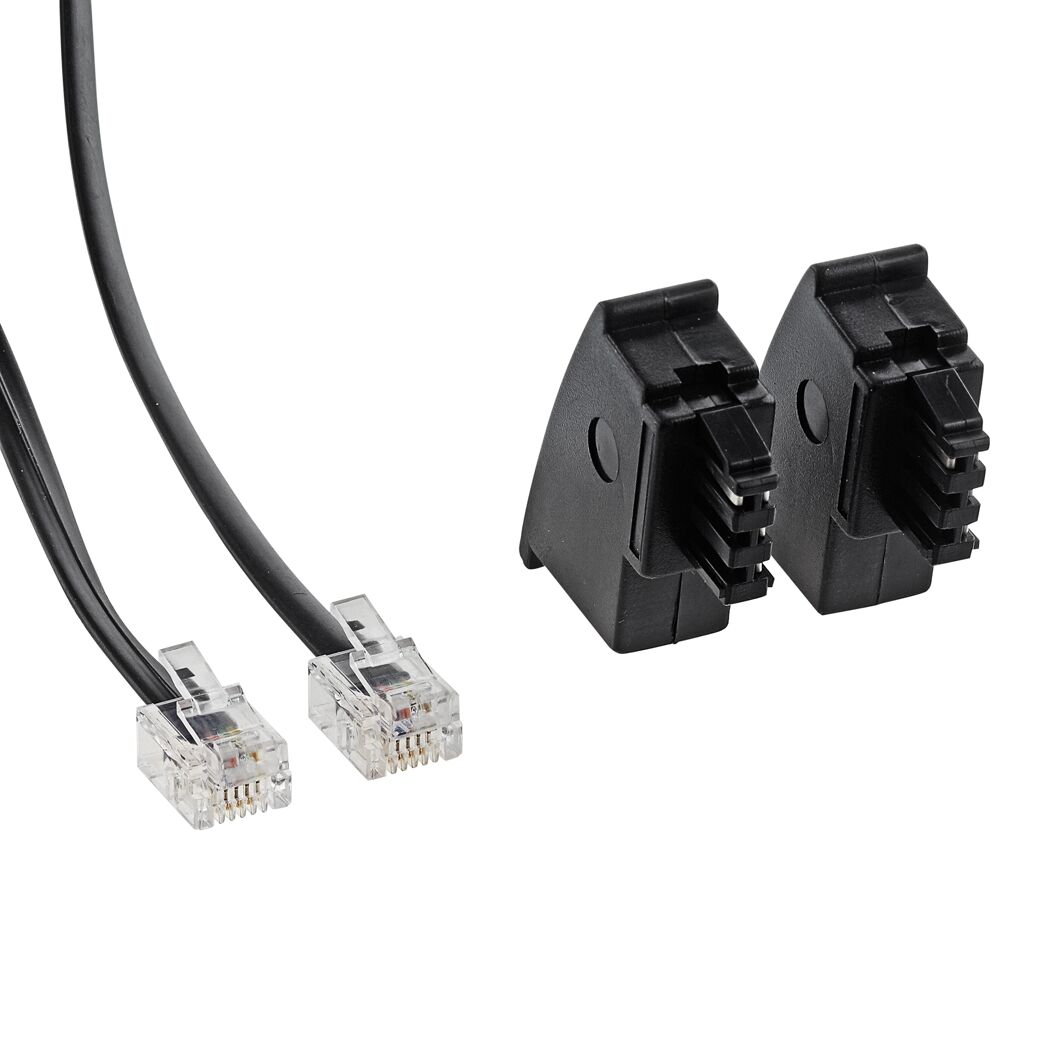 Zwei schwarze TAE-F-Adapter und zwei RJ11-Stecker