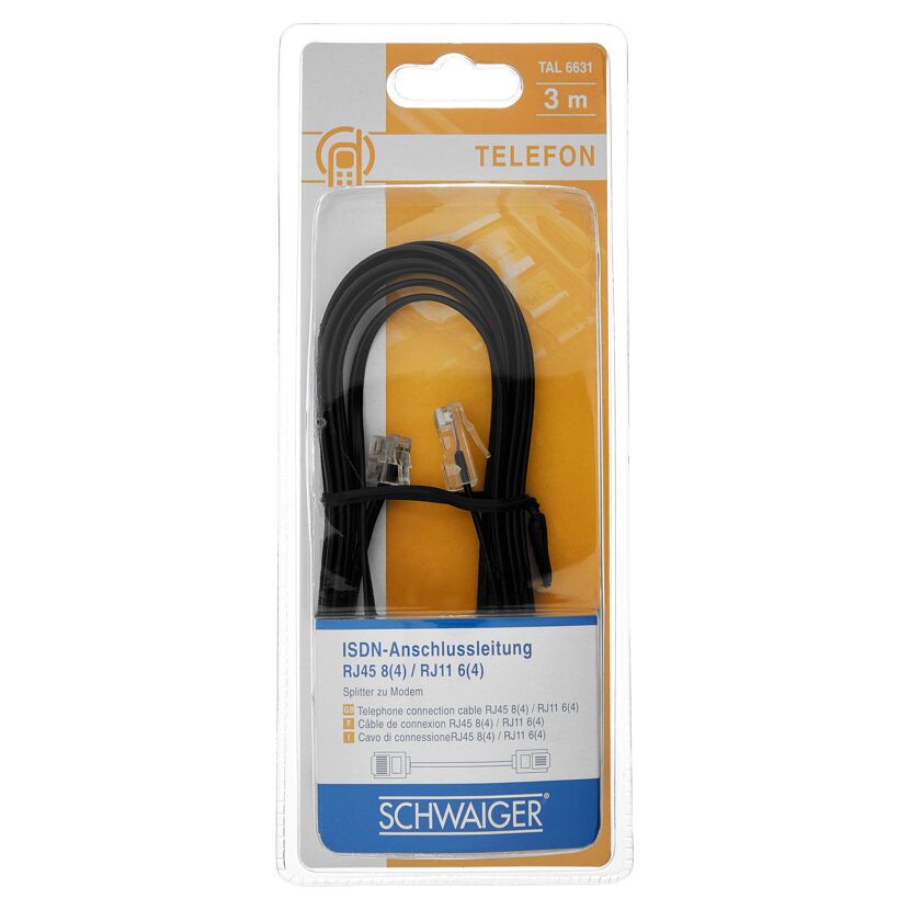 Schwarzes ISDN-Anschlusskabel RJ11/RJ45