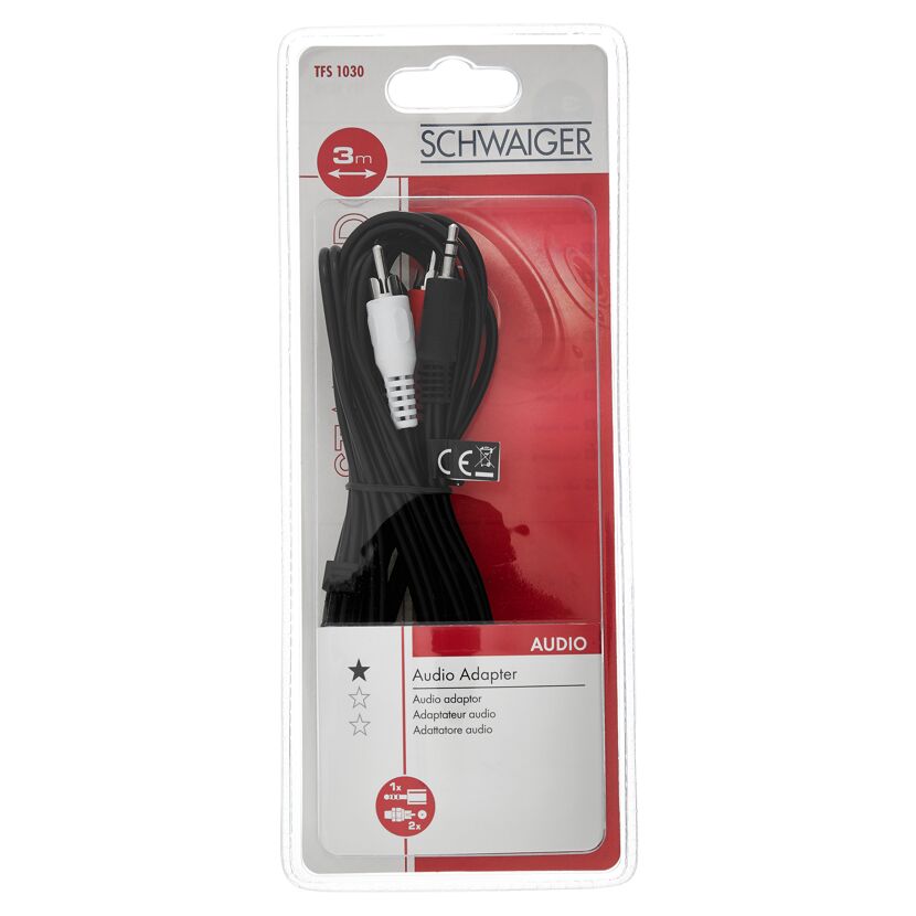 Schwarzer Audioadapter von Schwaiger in Verpackung