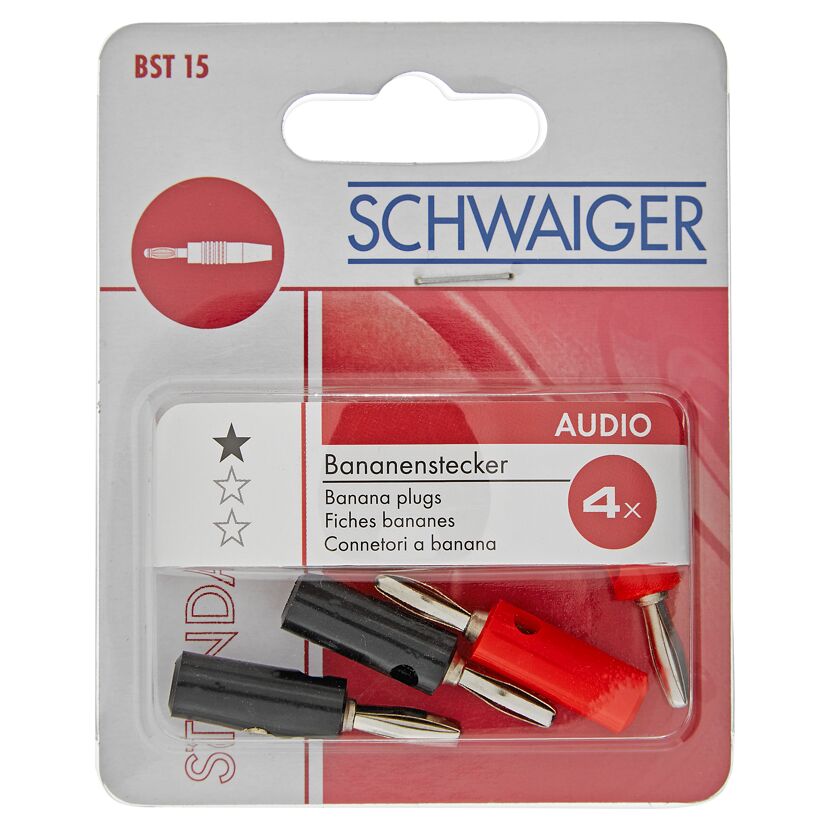 Vier Bananenstecker von SCHWAIGER, zwei rot, zwei schwarz