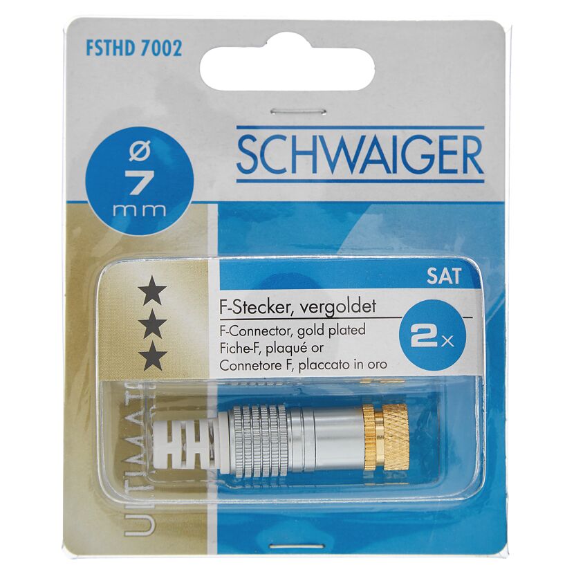 Zwei vergoldete F-Stecker von Schwaiger, 7 mm