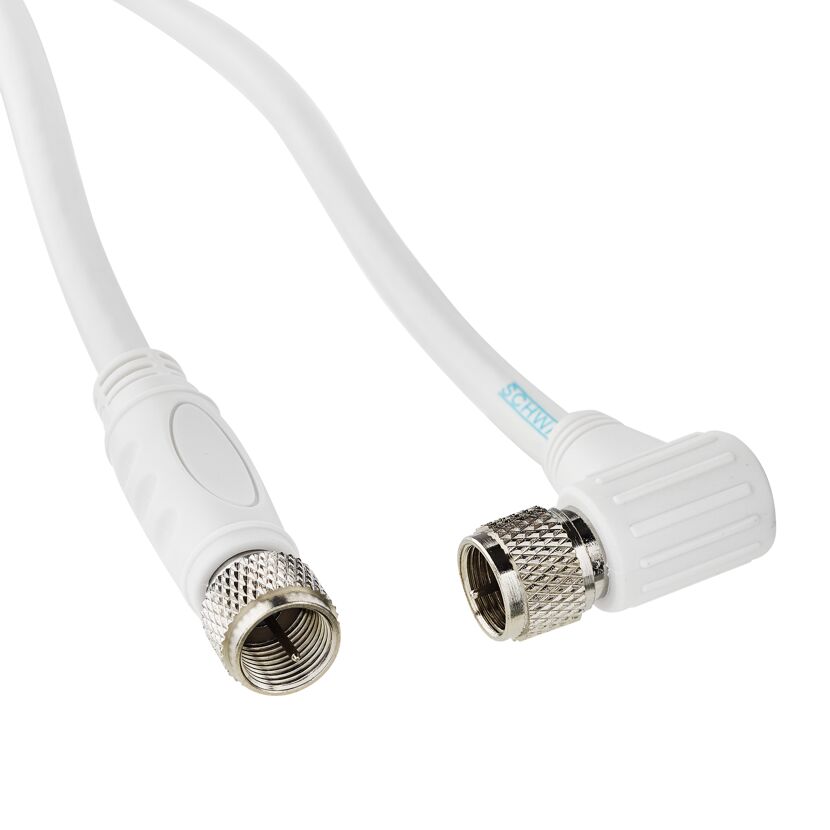 Weißes SAT-Anschlusskabel mit Winkelstecker