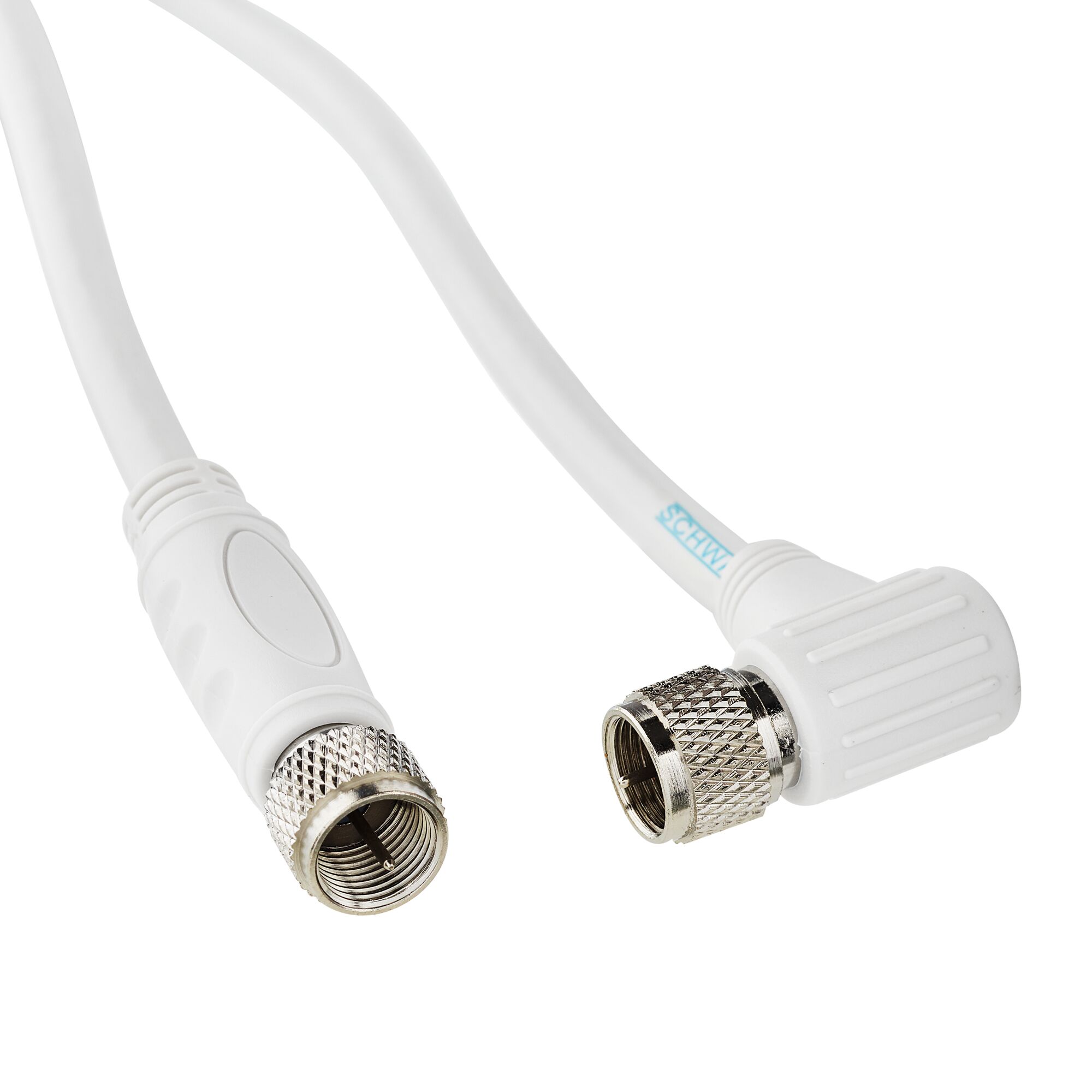 Weißes SAT-Anschlusskabel mit Winkelstecker