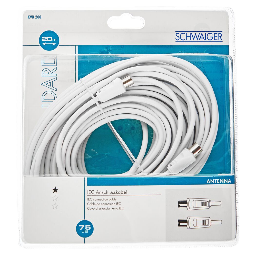 Weißes Antennenkabel, 20 m, 75 dB, in Verpackung