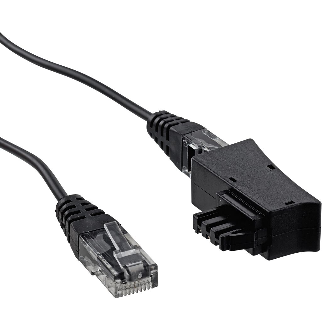 Ein TAE-Adapter mit zwei Netzwerkkabeln.