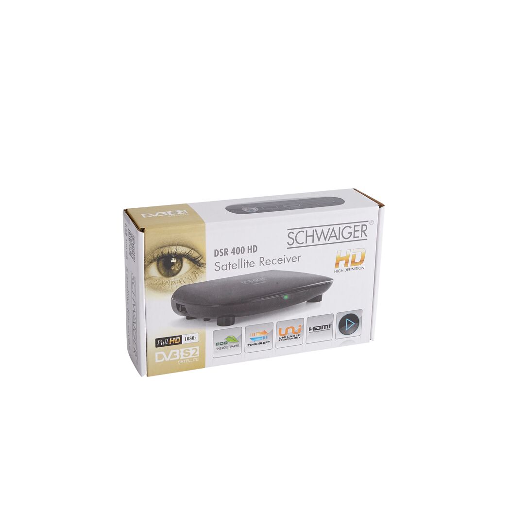 Schwarzer SCHWAIGER DSR 400 HD Satellitenreceiver in Verpackung