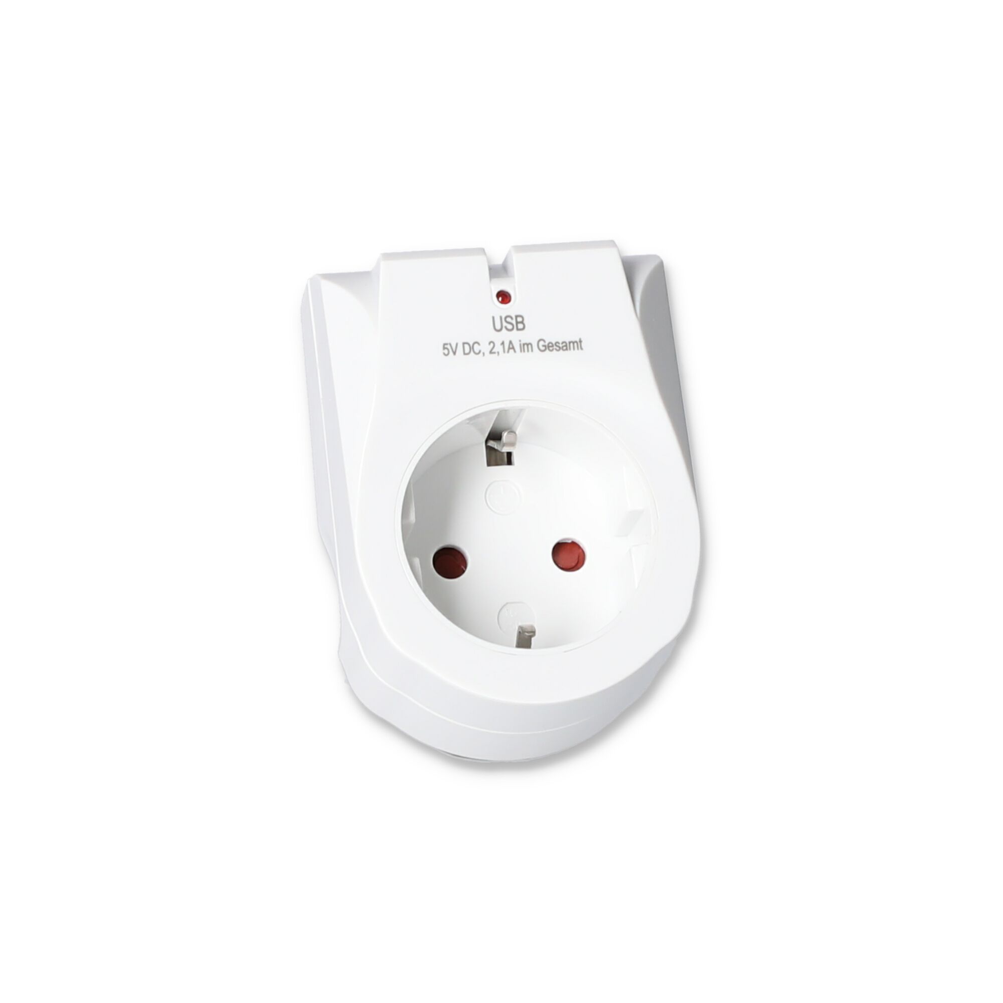 Weißer Steckdosenadapter mit zwei USB-Anschlüssen.