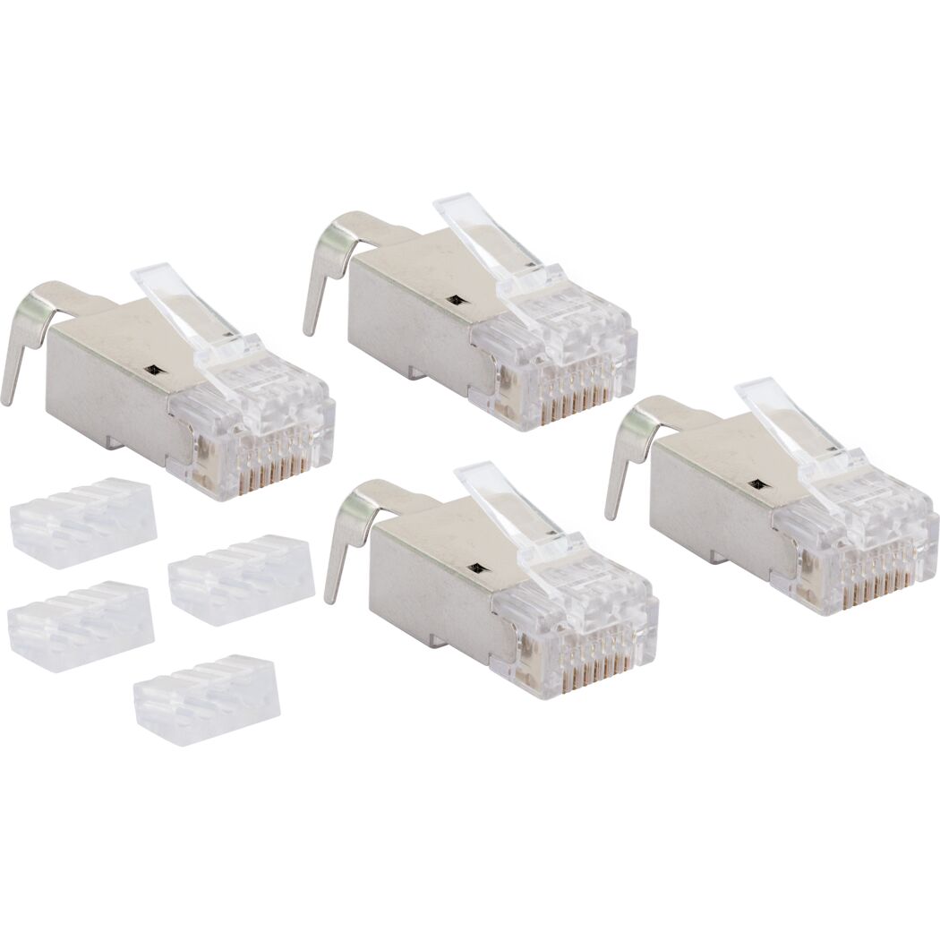 Vier Netzwerkstecker und Knickschutztüllen
