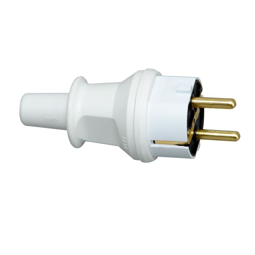 Weißer Schuko-Stecker mit Knickschutz und Schutzkontakten