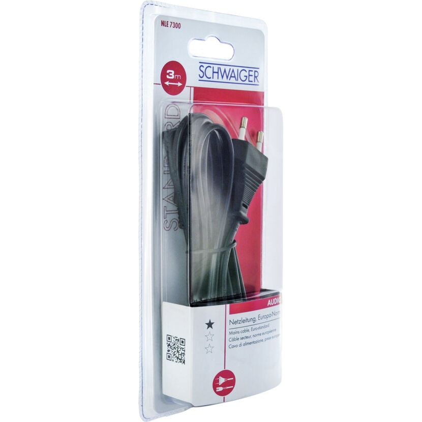 Schwarzes 3m Euro-Netzkabel von Schwaiger in Verpackung