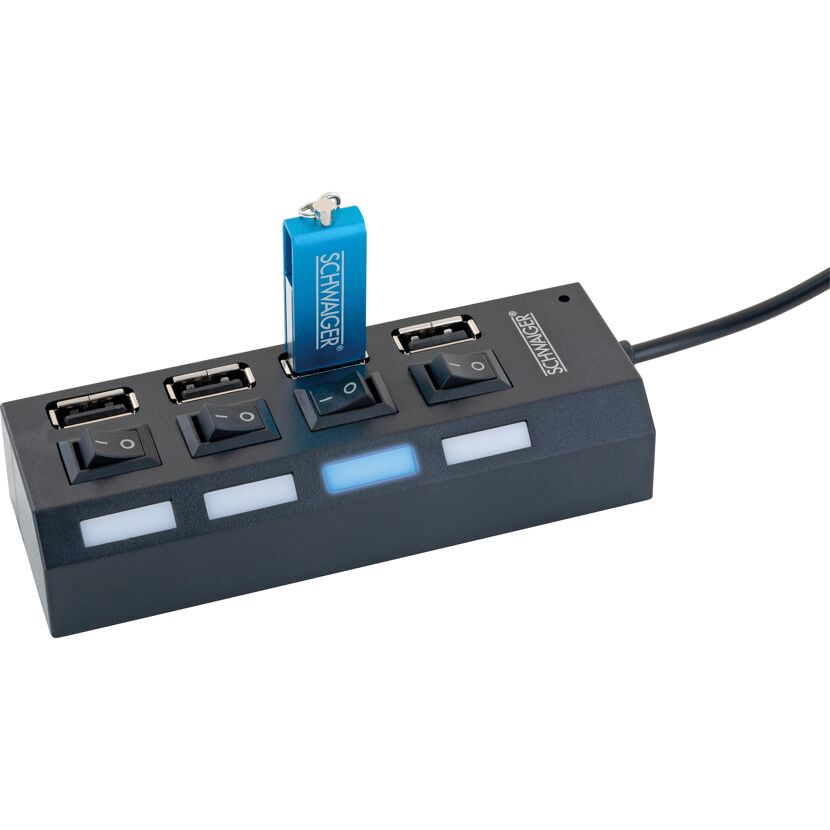 Schwarzer USB-Hub mit eingestecktem blauen USB-Stick