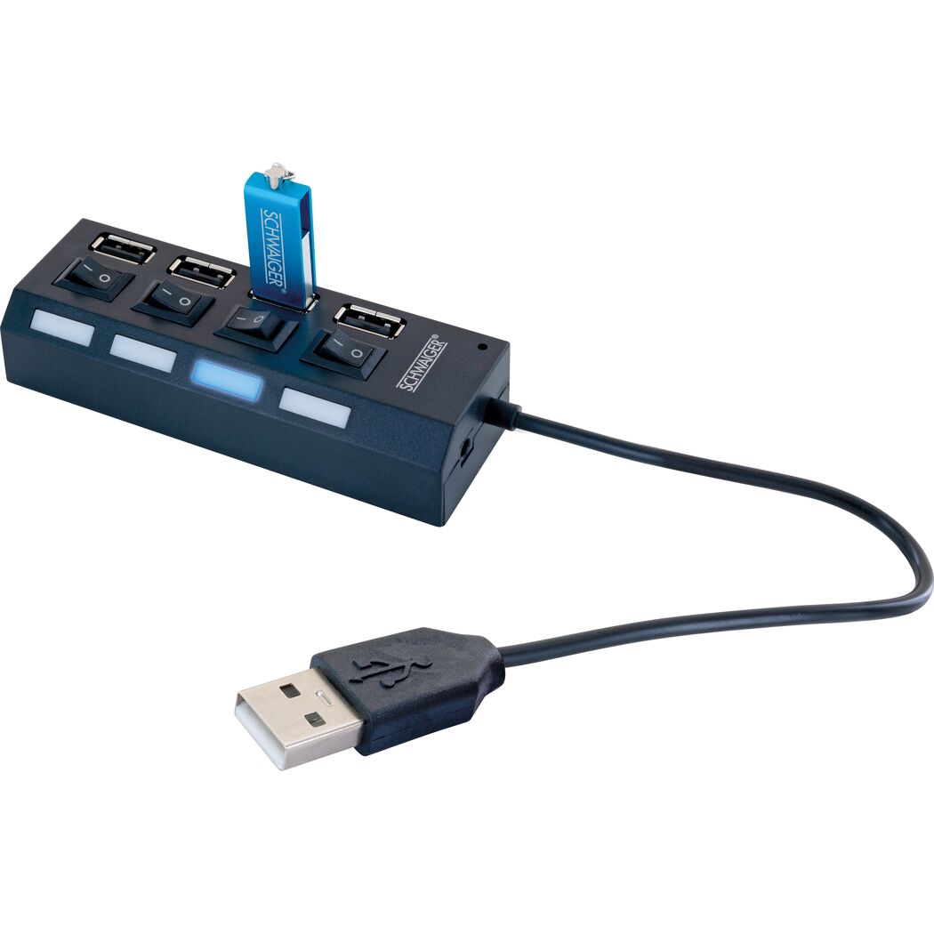 Schwarzer 4-Port-USB-Hub mit blauem USB-Stick