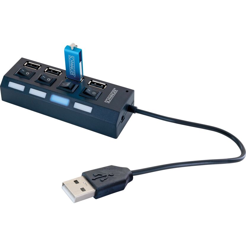 Schwarzer 4-Port-USB-Hub mit blauem USB-Stick