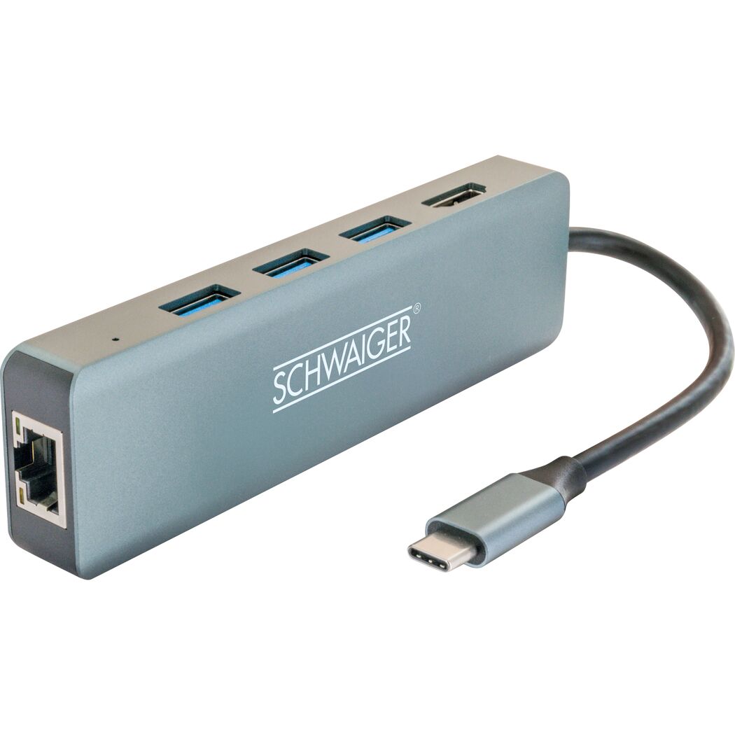 USB-C-Hub mit drei USB-Anschlüssen und LAN-Anschluss