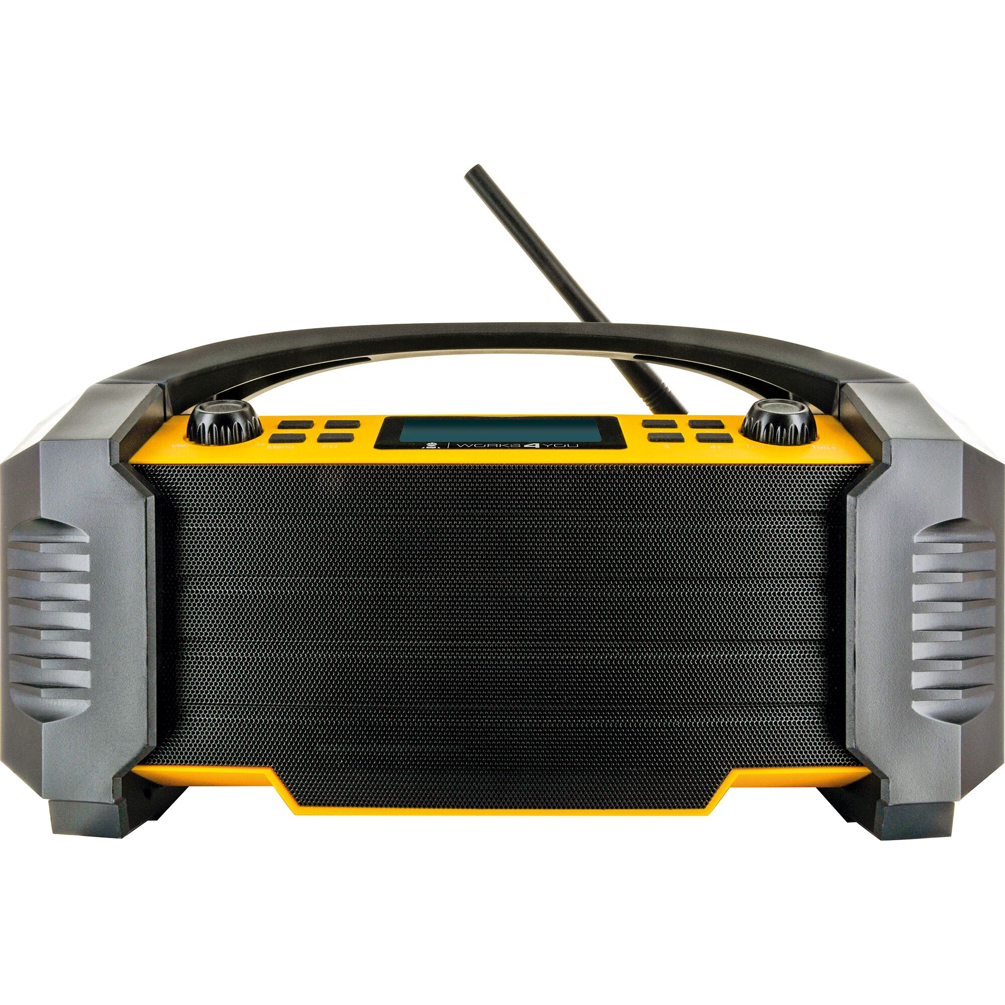 Gelb-schwarzes Baustellenradio mit Antenne