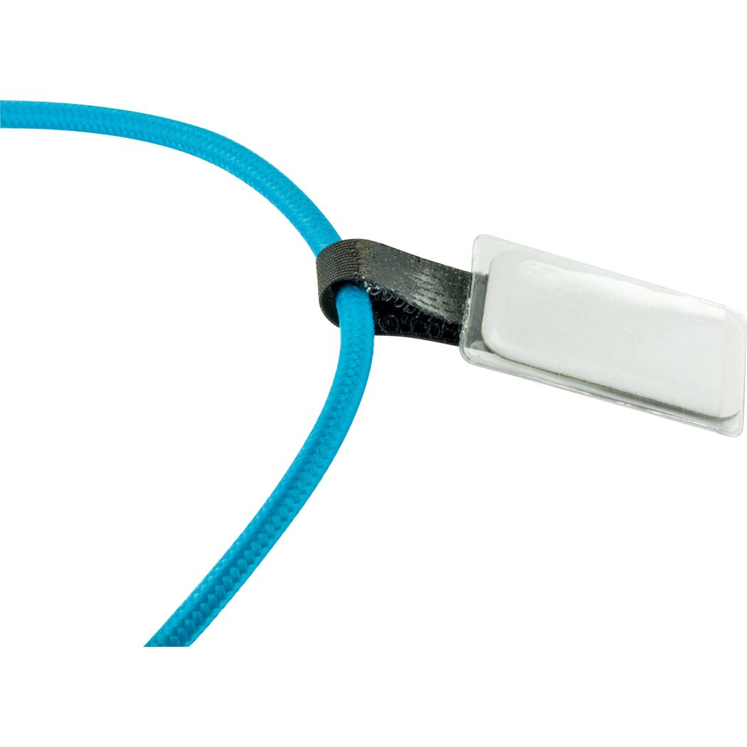 Blaues Kabel mit Klett-Beschriftung