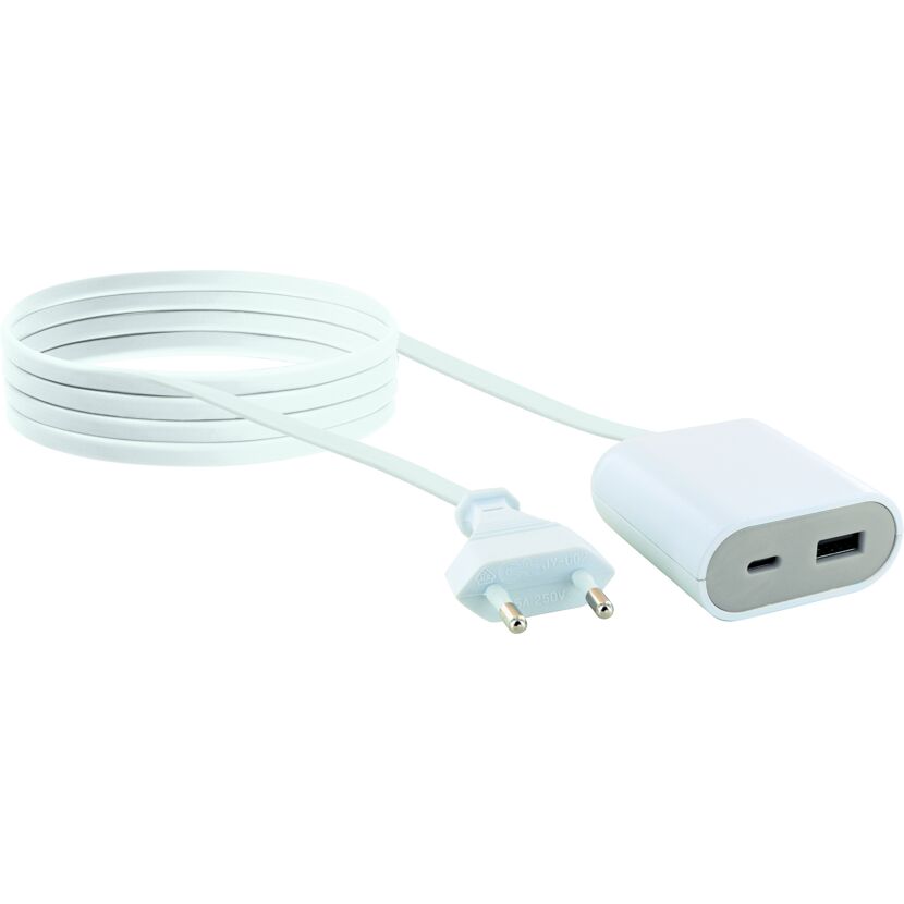 Weißer USB-Ladeadapter mit Kabel und Eurostecker