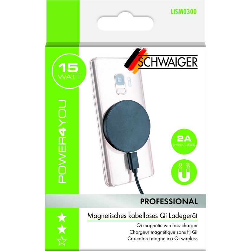 Magnetisches kabelloses Qi-Ladegerät von Schwaiger an einem Smartphone.