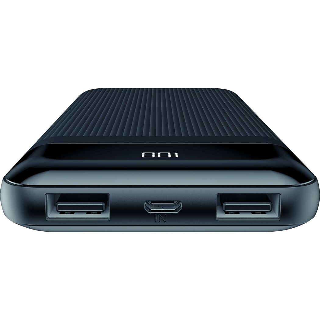 Schwarze Powerbank mit Digitalanzeige und Anschlüssen
