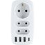 Weißer Multiadapter mit drei Steckdosen und vier USB-Anschlüssen