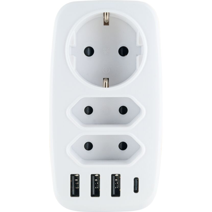 Weißer Multiadapter mit drei Steckdosen und vier USB-Anschlüssen