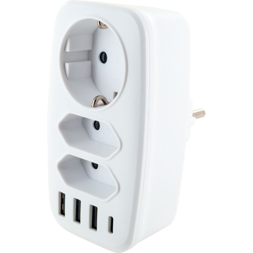 Weißer Multiadapter mit drei Steckdosen und vier USB-Anschlüssen