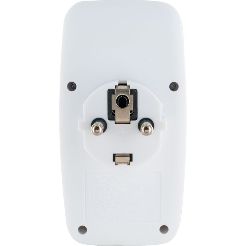 Rückseite eines weißen Multiadapters mit Eurostecker.