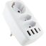 Weißer Multiadapter mit zwei Steckdosen und vier USB-Anschlüssen