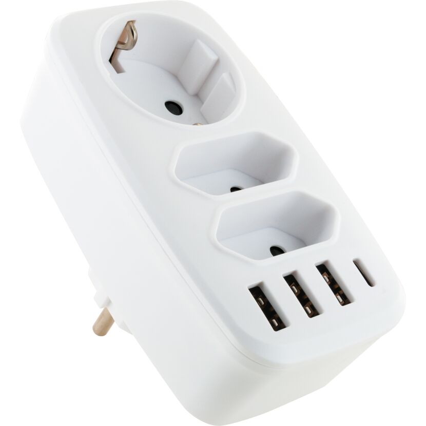 Weißer Multiadapter mit zwei Steckdosen und vier USB-Anschlüssen