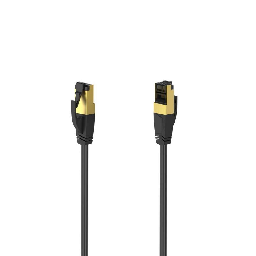 Zwei schwarze Netzwerkkabel mit goldenen Anschlüssen
