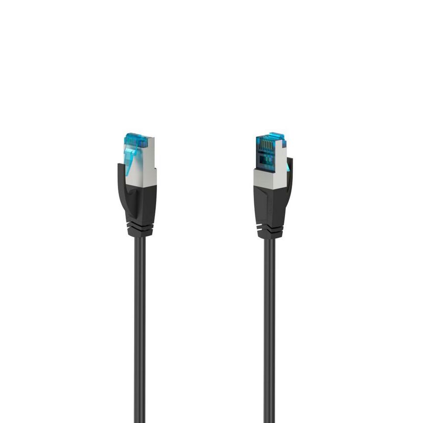 Zwei schwarze Netzwerkkabel mit blauen Steckern.