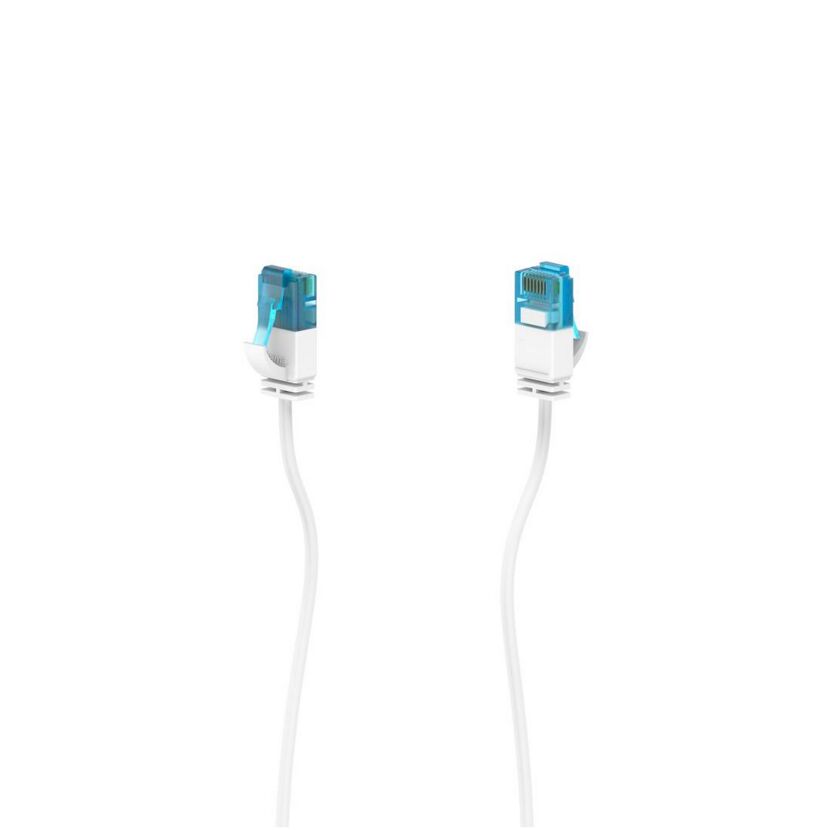 Zwei weiße Netzwerkkabel mit blauen Steckern