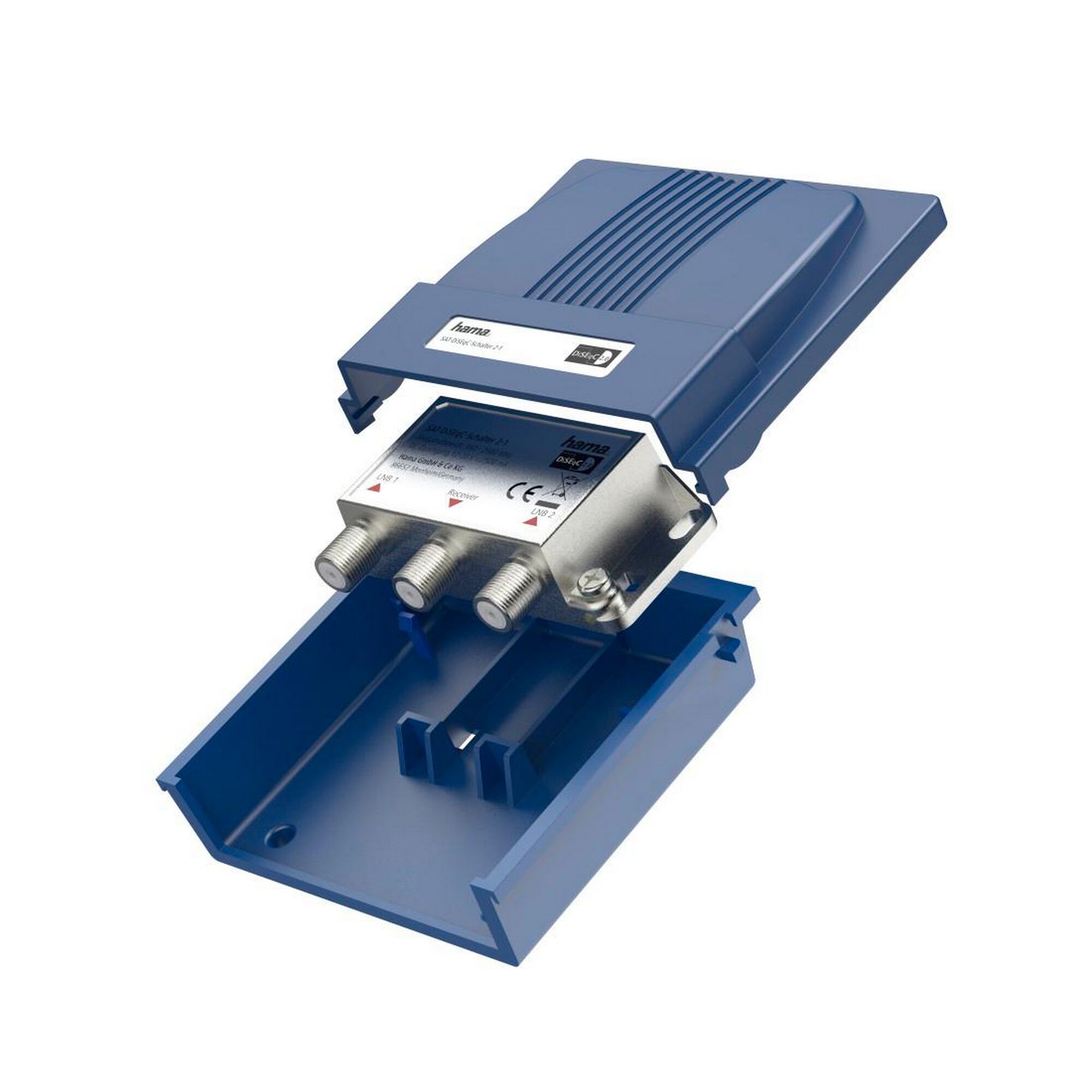 Blauer Sat-DiSEqC-Schalter von Hama, teilweise geöffnet.