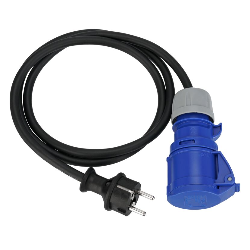Blauer Caravan-Adapter mit Kabel und Stecker