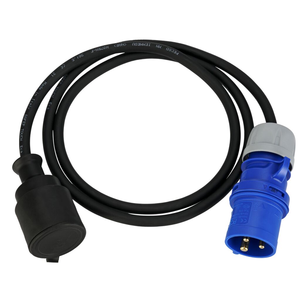 Schwarzes Kabel mit blauem Stecker