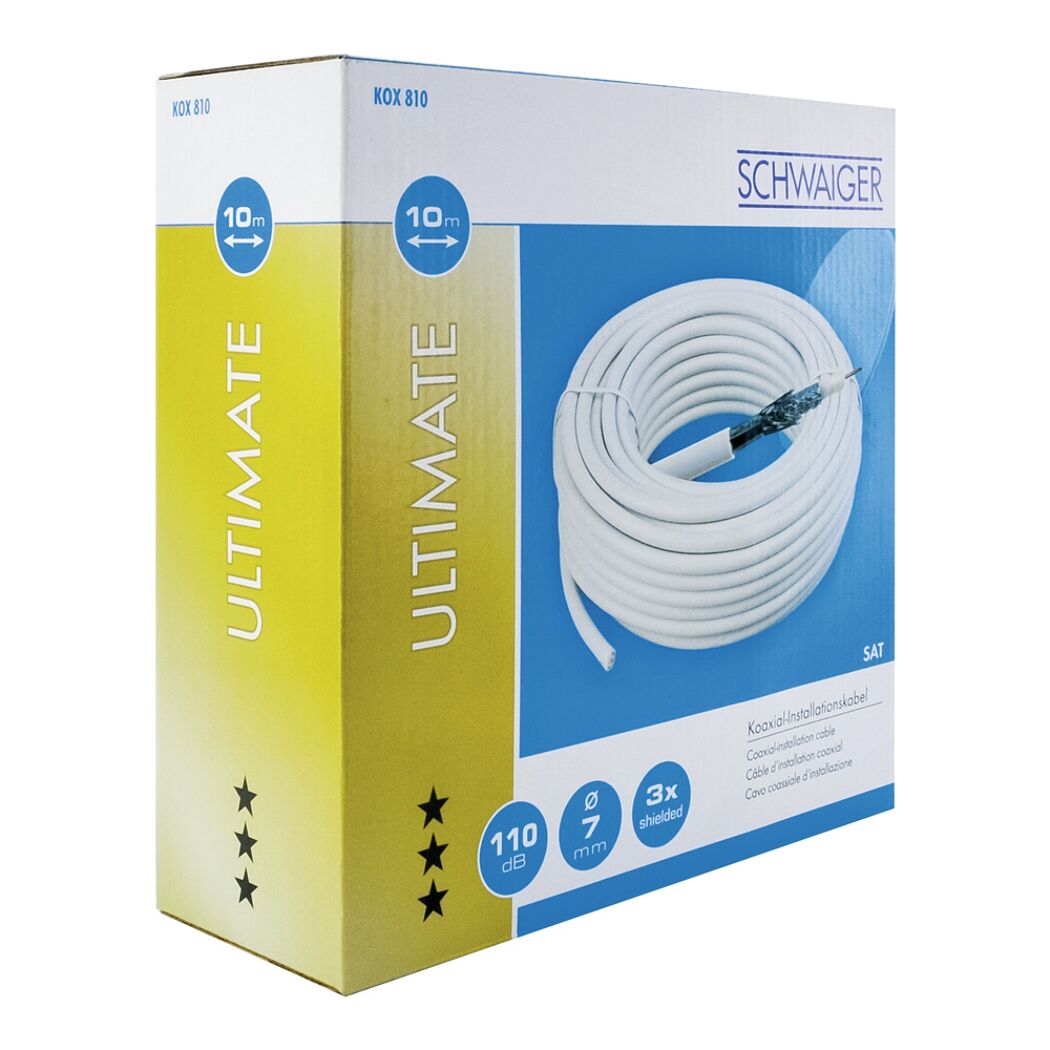 Weißes Koaxialkabel aufgerollt in Verpackung