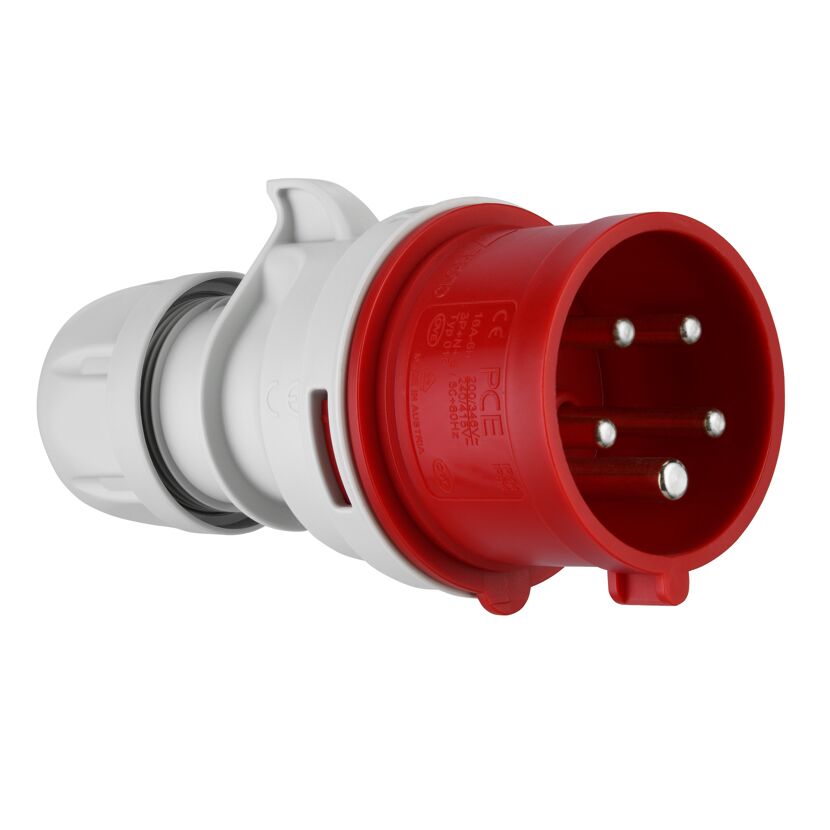 Roter CEE-Stecker mit fünf Polen.