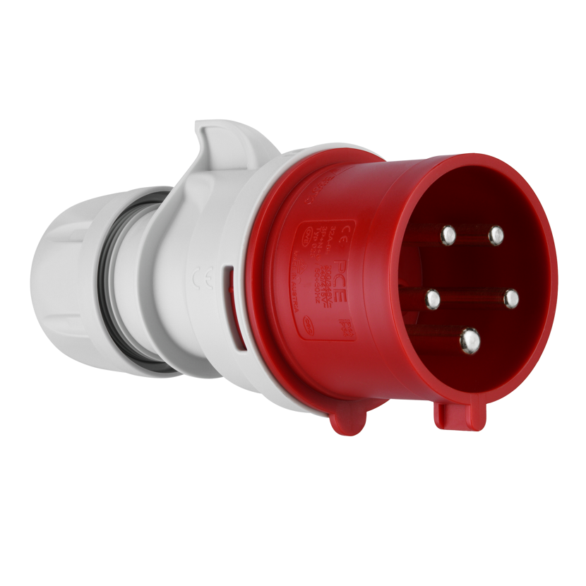 Roter CEE-Stecker mit fünf Stiften