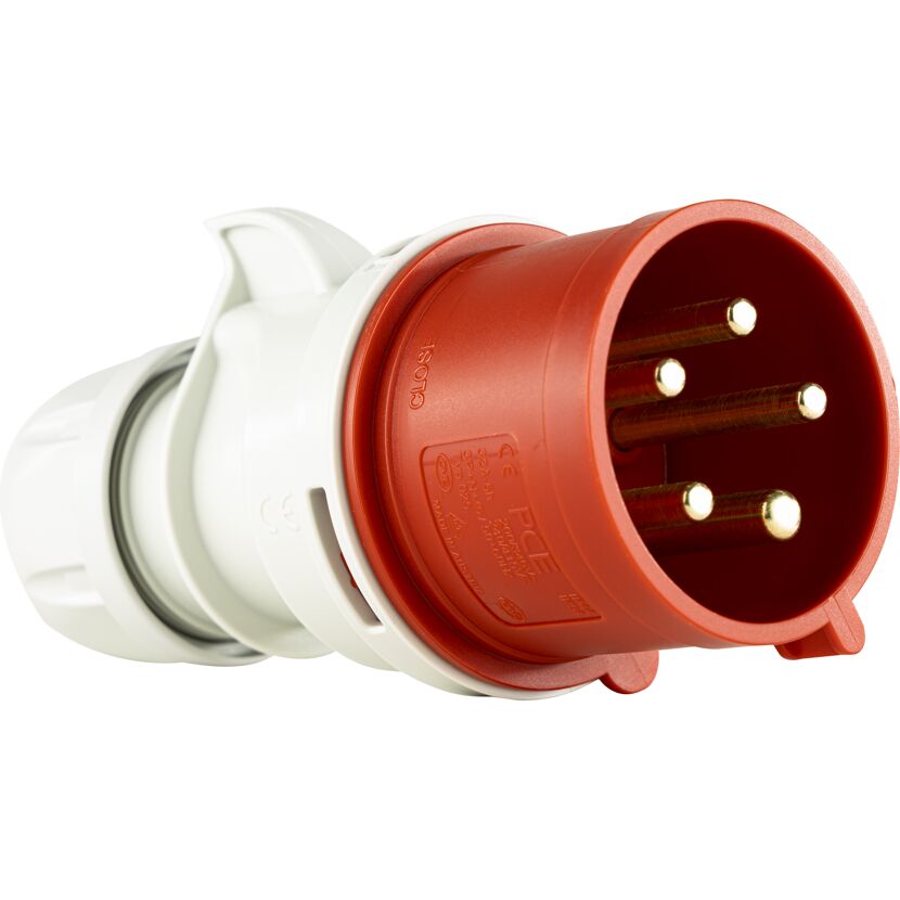 Roter CEE-Stecker mit fünf Stiften