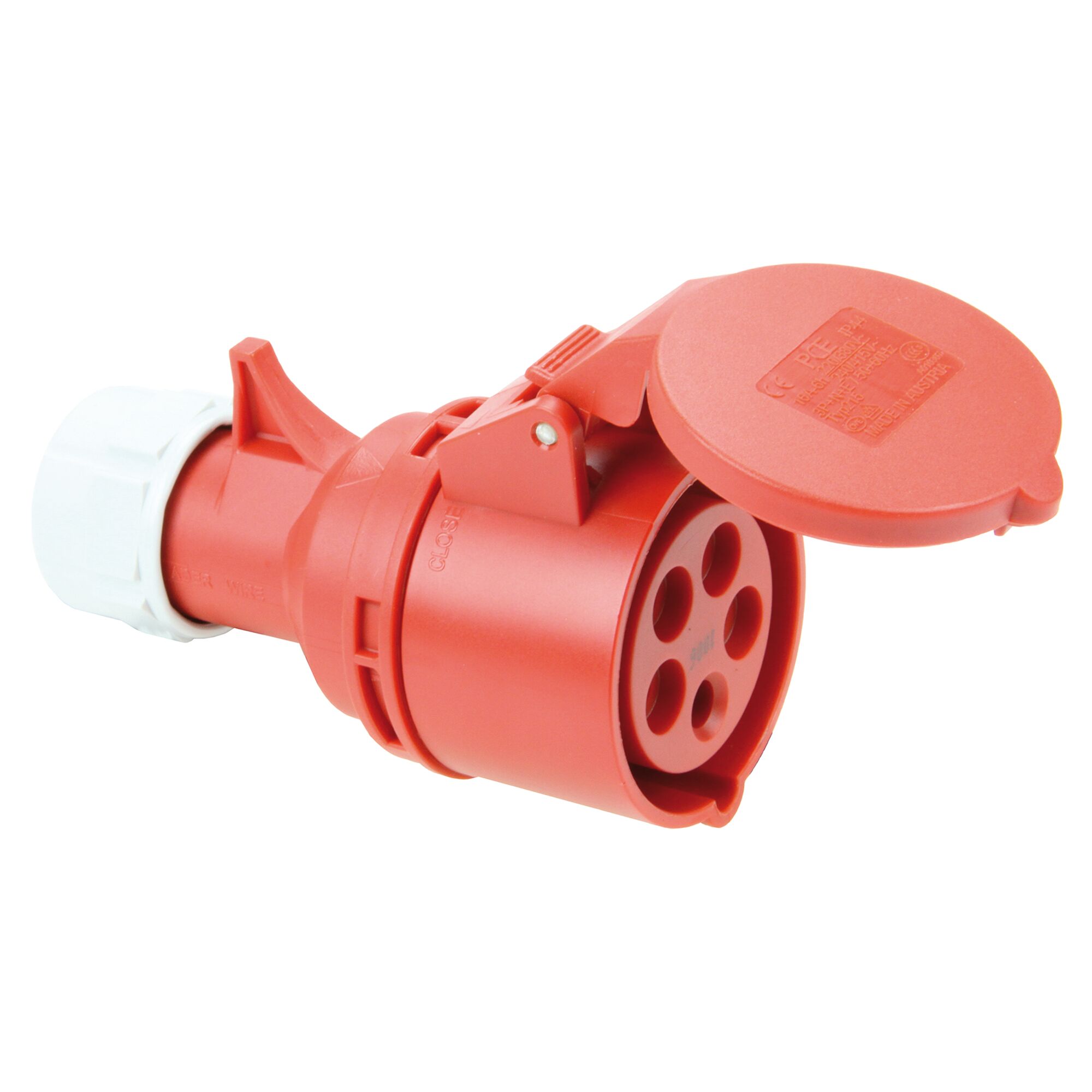 Rote CEE-Kupplung mit Schutzklappe